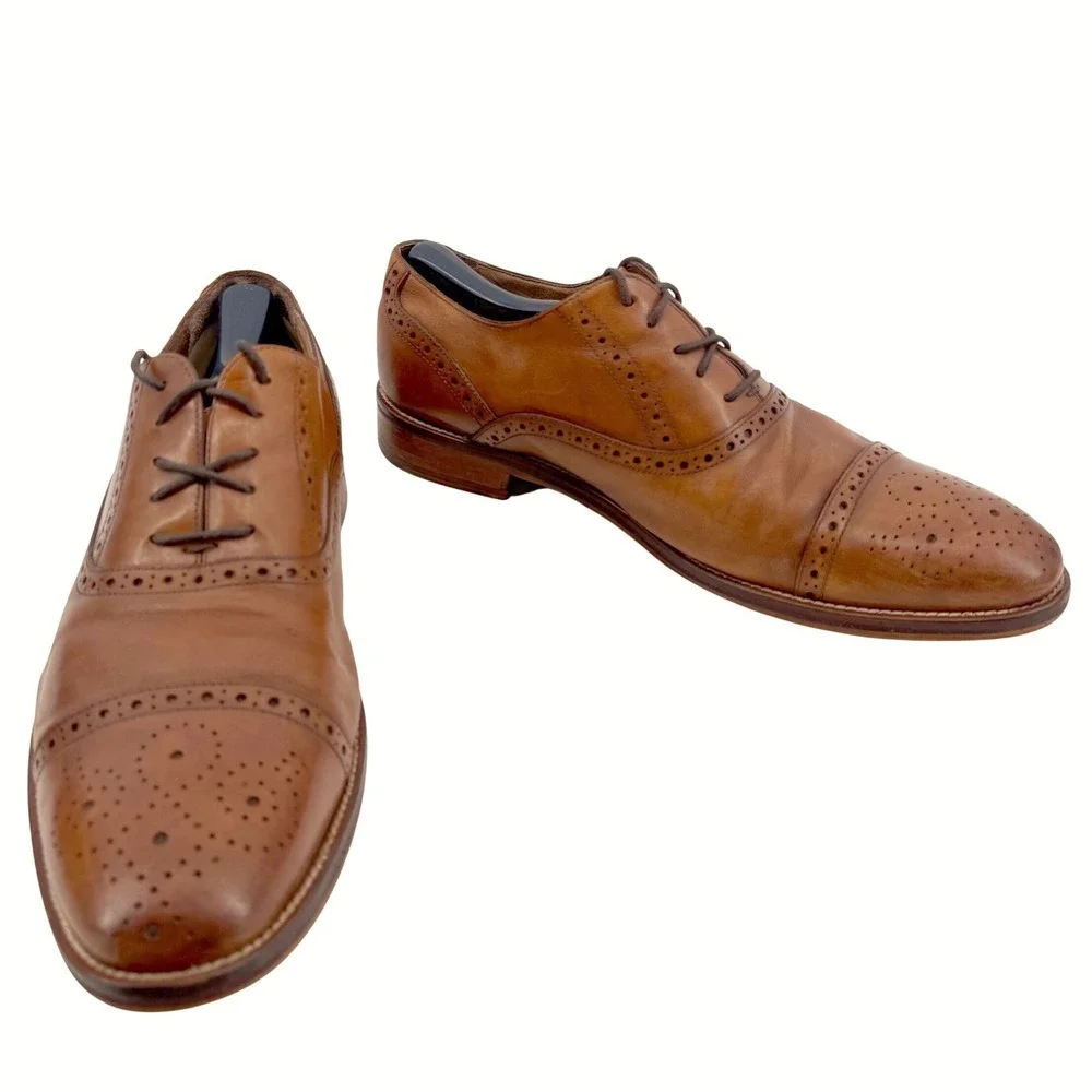 Johnston & Murphy Conard Oxford Men 11.5M Tan Leather Brogue Cap Toe Made Italy